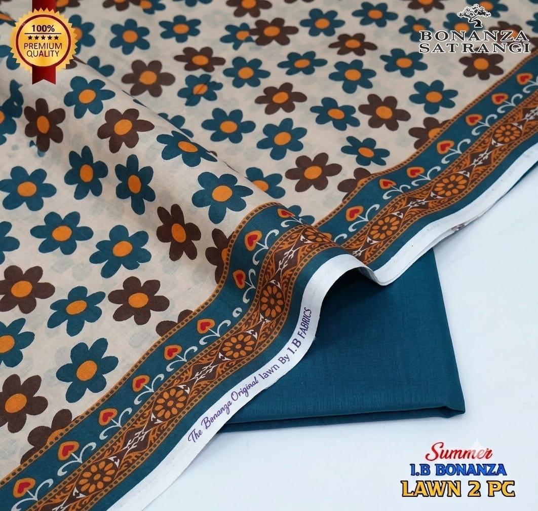 Premium Bonanza Satrangi Lawn 2-Piece Suit – Elegant Retro Floral & Teal Border (Unstitched)
