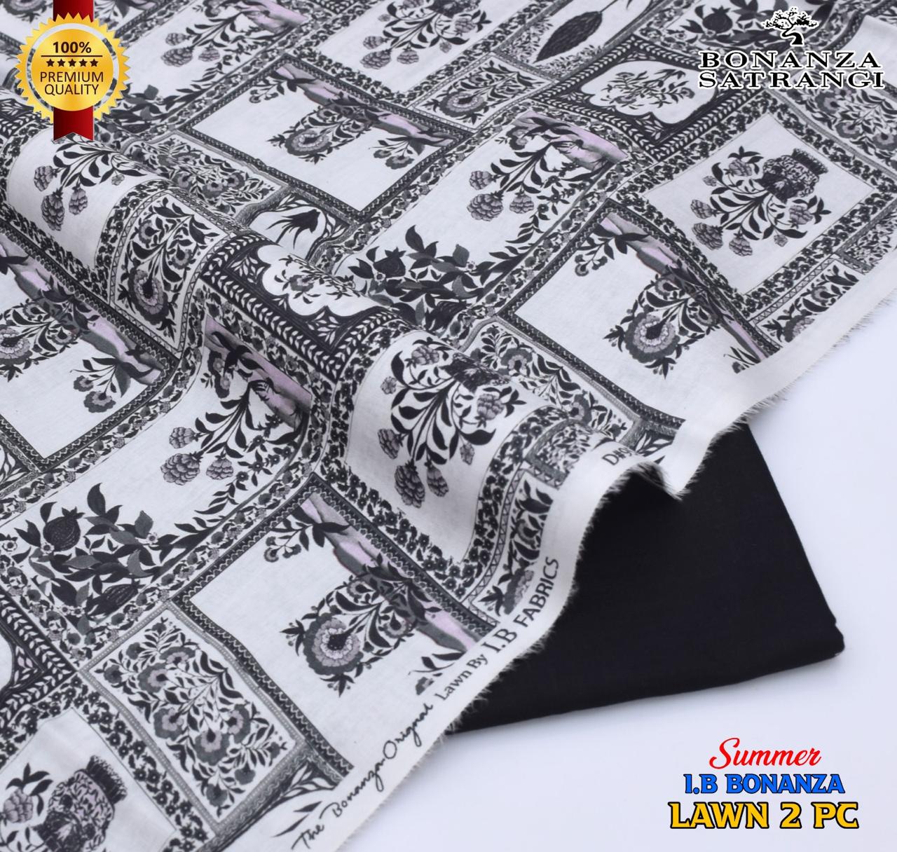 Premium Bonanza Satrangi Lawn 2-Piece Suit – Classic Black & White Mughal Panel Print (Unstitched)