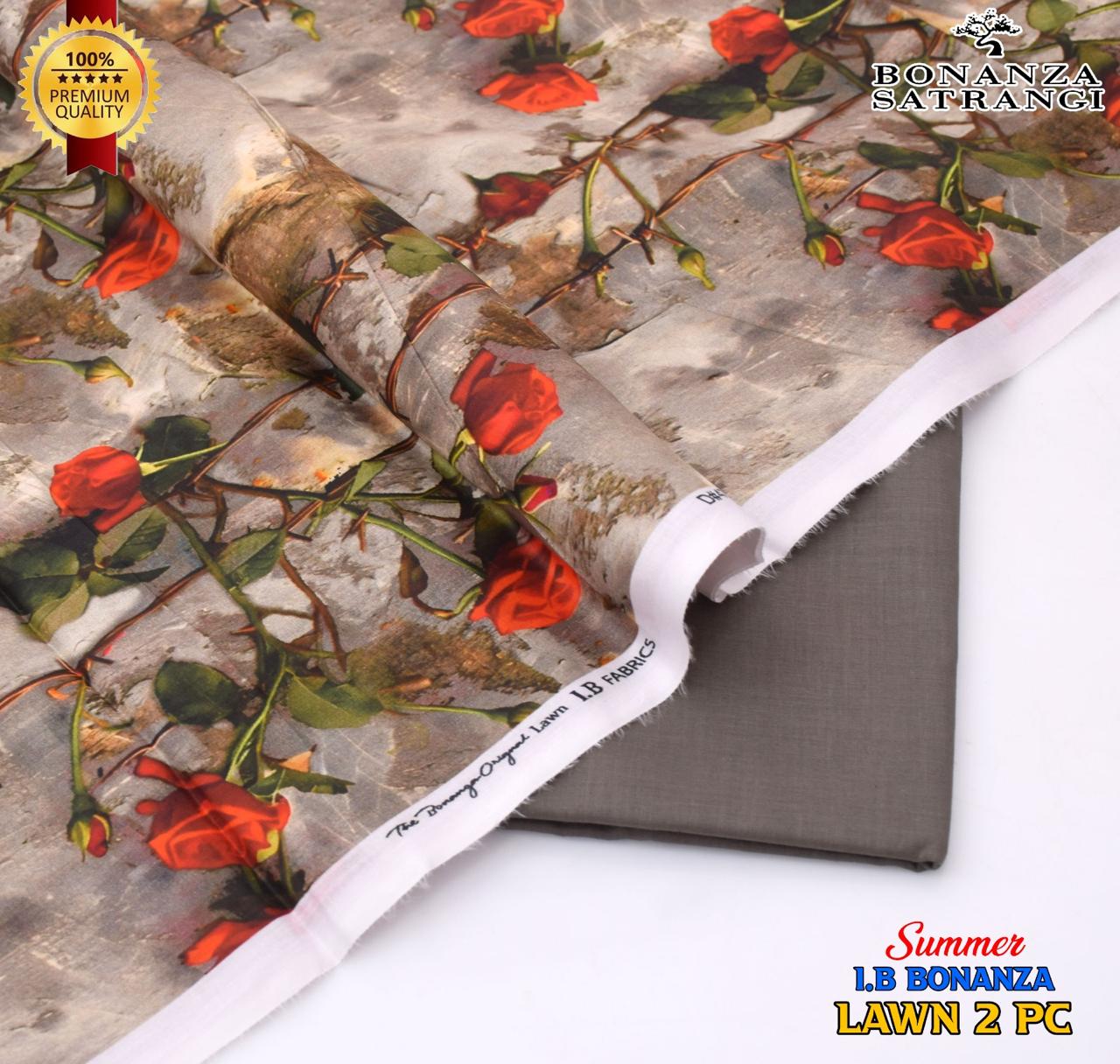 Premium Bonanza Satrangi Lawn 2-Piece Suit – Vintage Red Rose & Textured Grey (Unstitched)