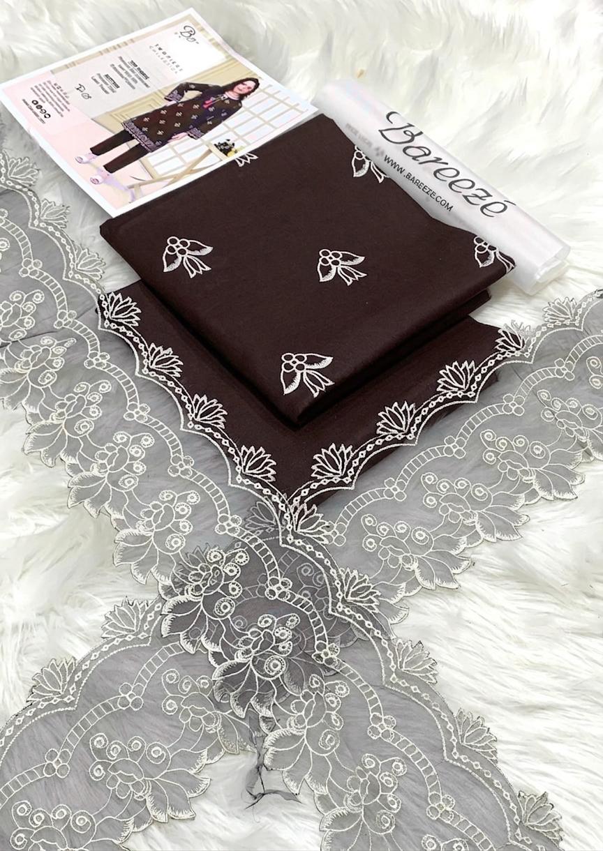 Bareeze Premium Embroidered Cotton Lawn 3-Piece Suit – Classic Dark Chocolate Brown