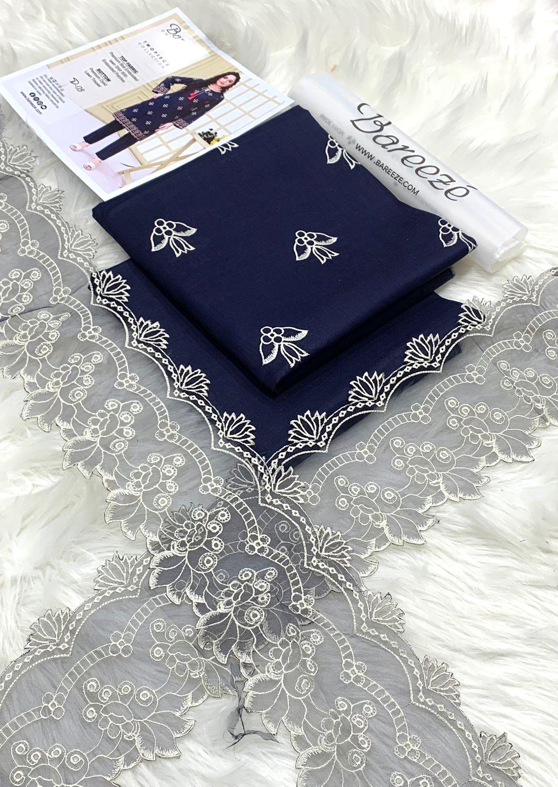 Bareeze Summer Luxury: Fully Embroidered 3 PC Navy Blue with Exquisite Cutwork Net Dupatta