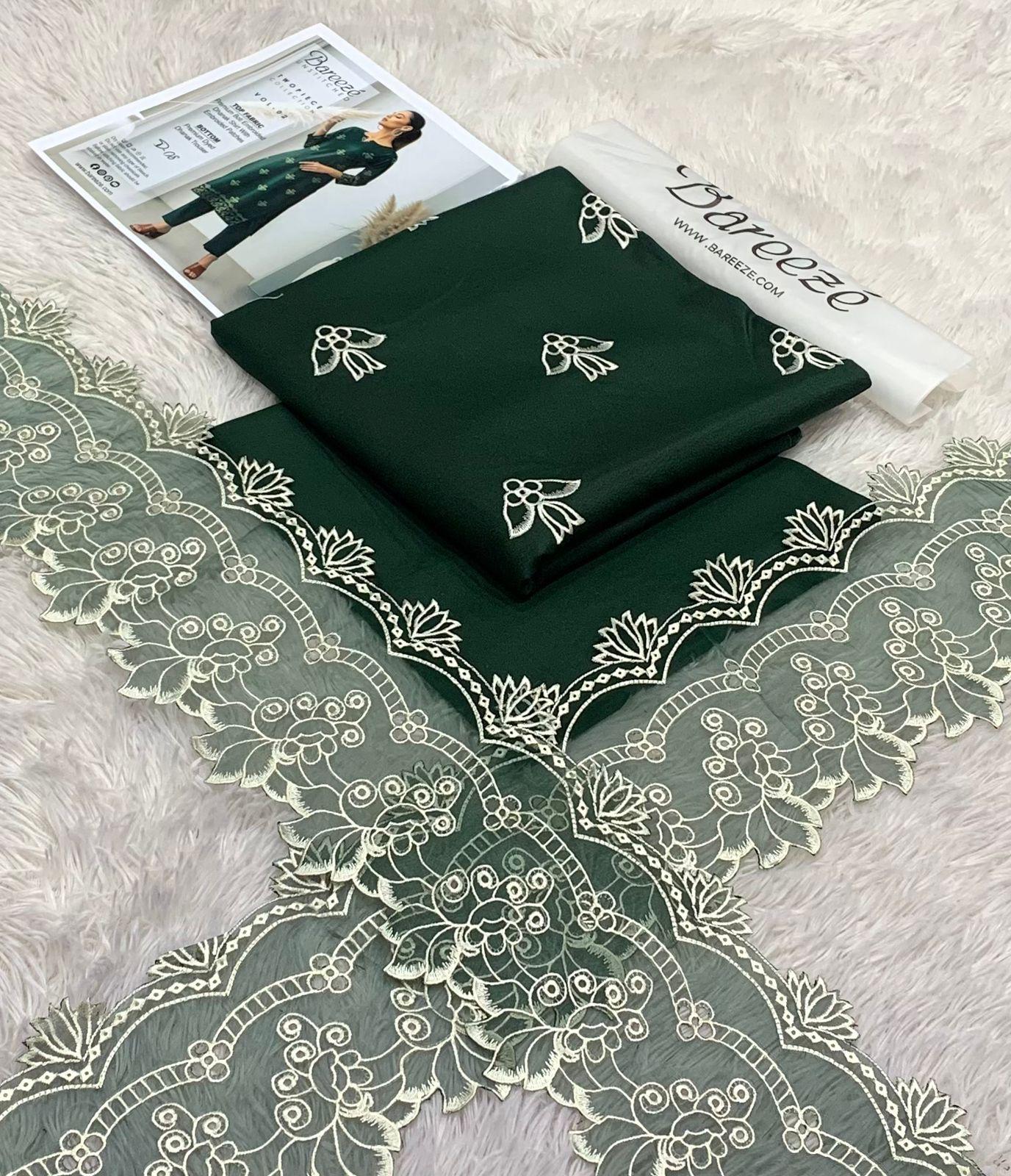 Bareeze Summer Luxury: Fully Embroidered 3 PC Emerald Green with Cutwork Lace Net Dupatta