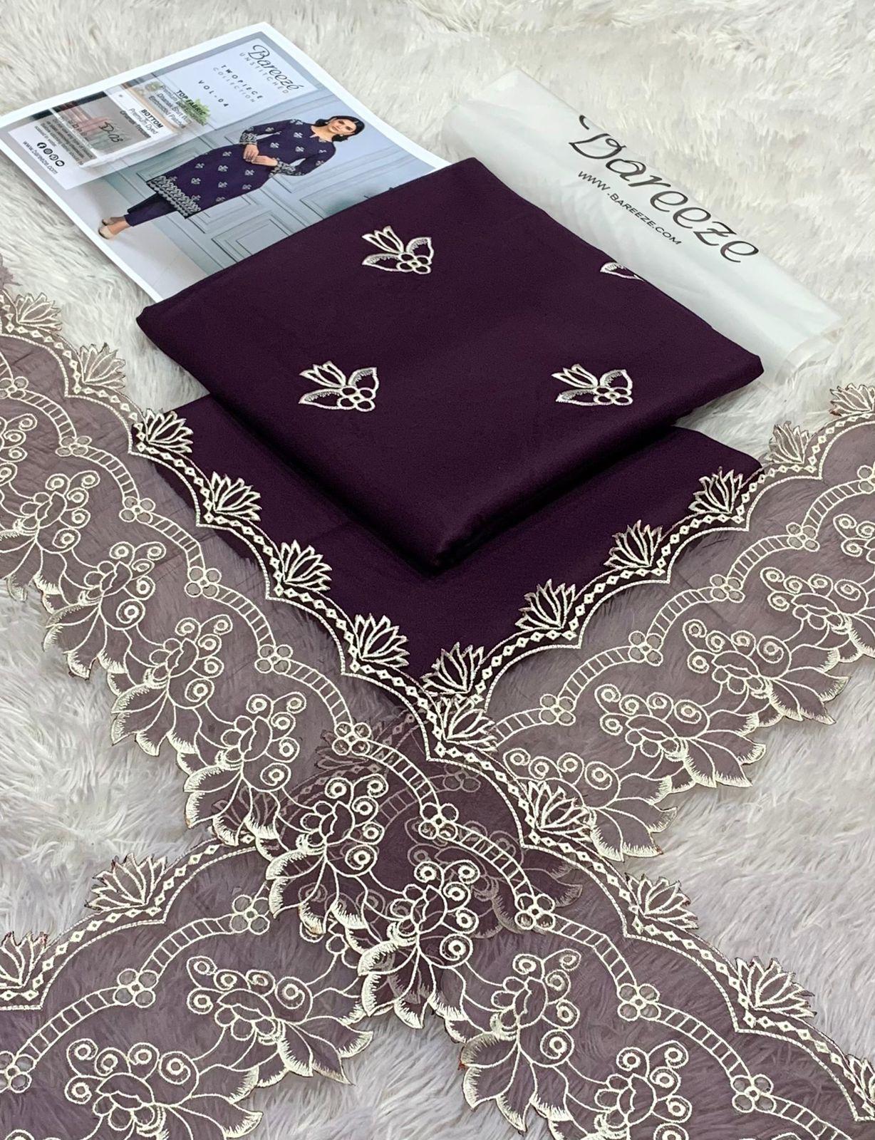 Bareeze Premium Embroidered Cotton Lawn 3-Piece Suit – Majestic Deep Plum Purple