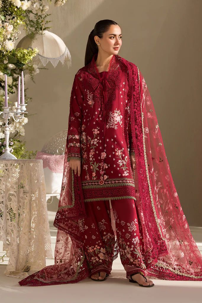 Festive Eid Collection: Fully Embroidered 3 PC Crimson Red Lawn with Heavy Lace Organza Dupatta