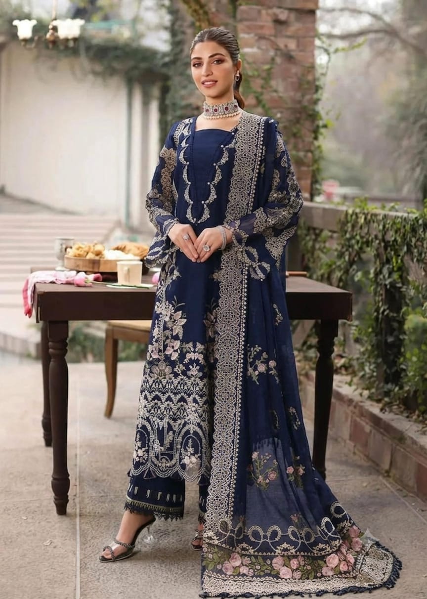 Luxury Embroidered Summer Lawn 3-Piece Suit – Elegant Navy Blue (As Worn by Kinza Hashmi)