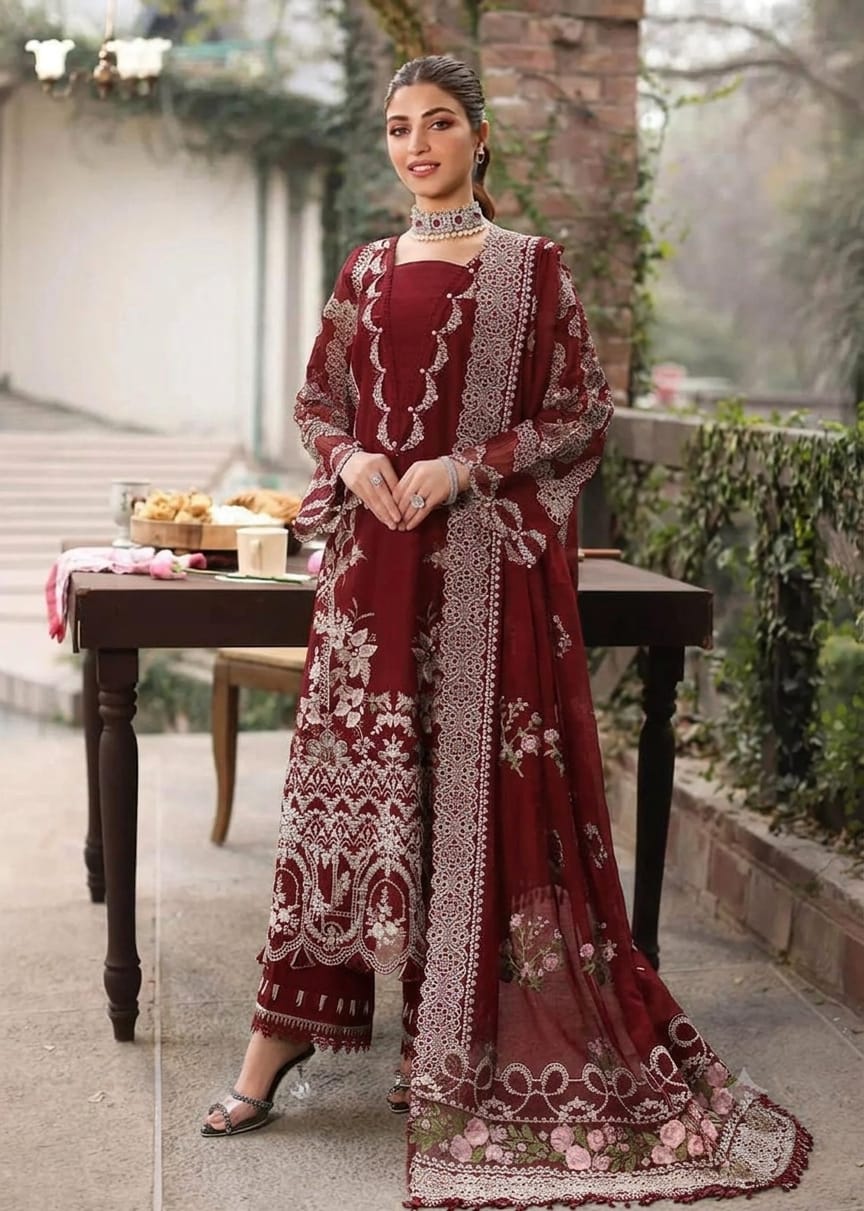 Luxury Embroidered Summer Lawn 3-Piece Suit – Elegant Crimson Maroon (As Worn by Kinza Hashmi)