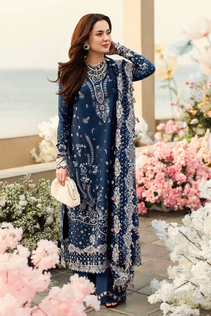 Festive Eid Edition: Premium 3 PC Indigo Blue Lawn with Rich Embroidered Neckline & Fancy Border Dupatta