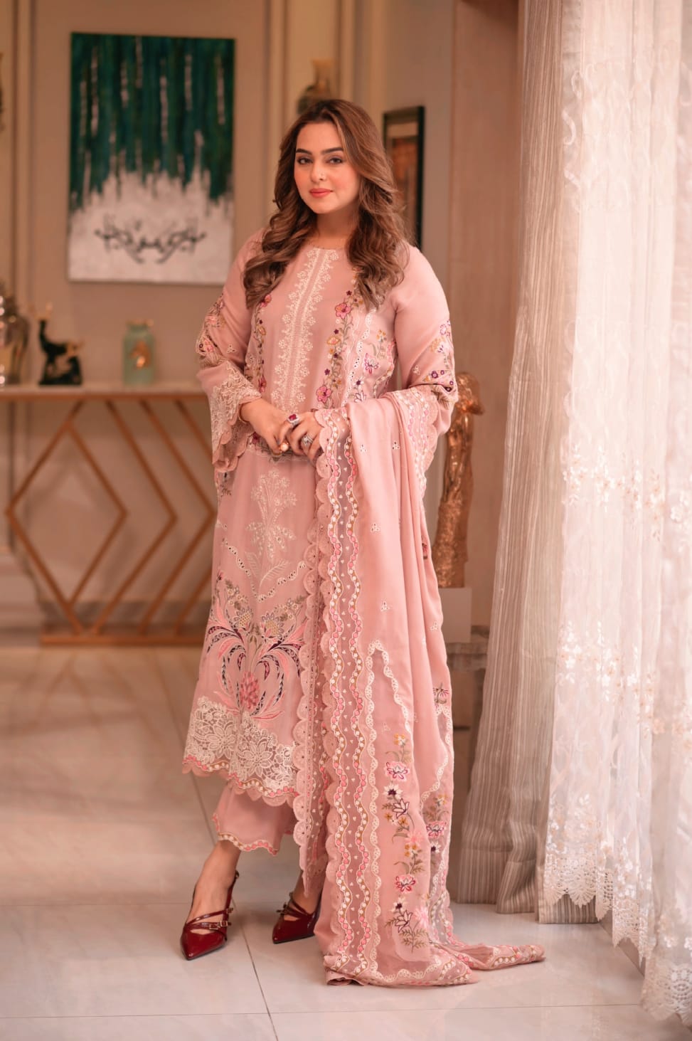 Festive Eid Edition: Premium 3 PC Dusty Rose Lawn with Exquisite Cutwork Dupatta & Organza Borders