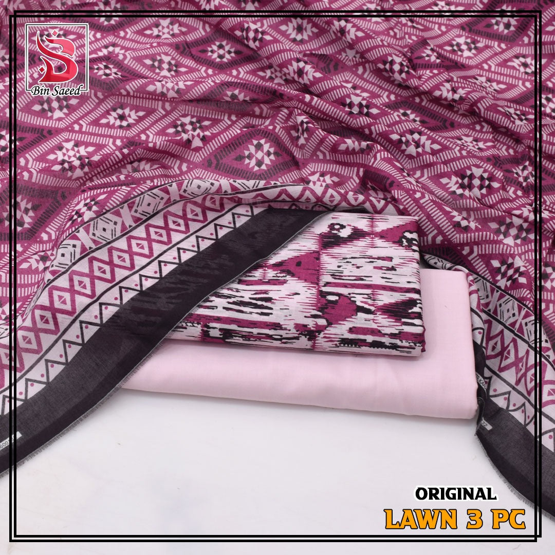 Bin Saeed Original Premium Lawn 3-Piece Suit – Vibrant Magenta & Baby Pink Ethnic Geometric Print