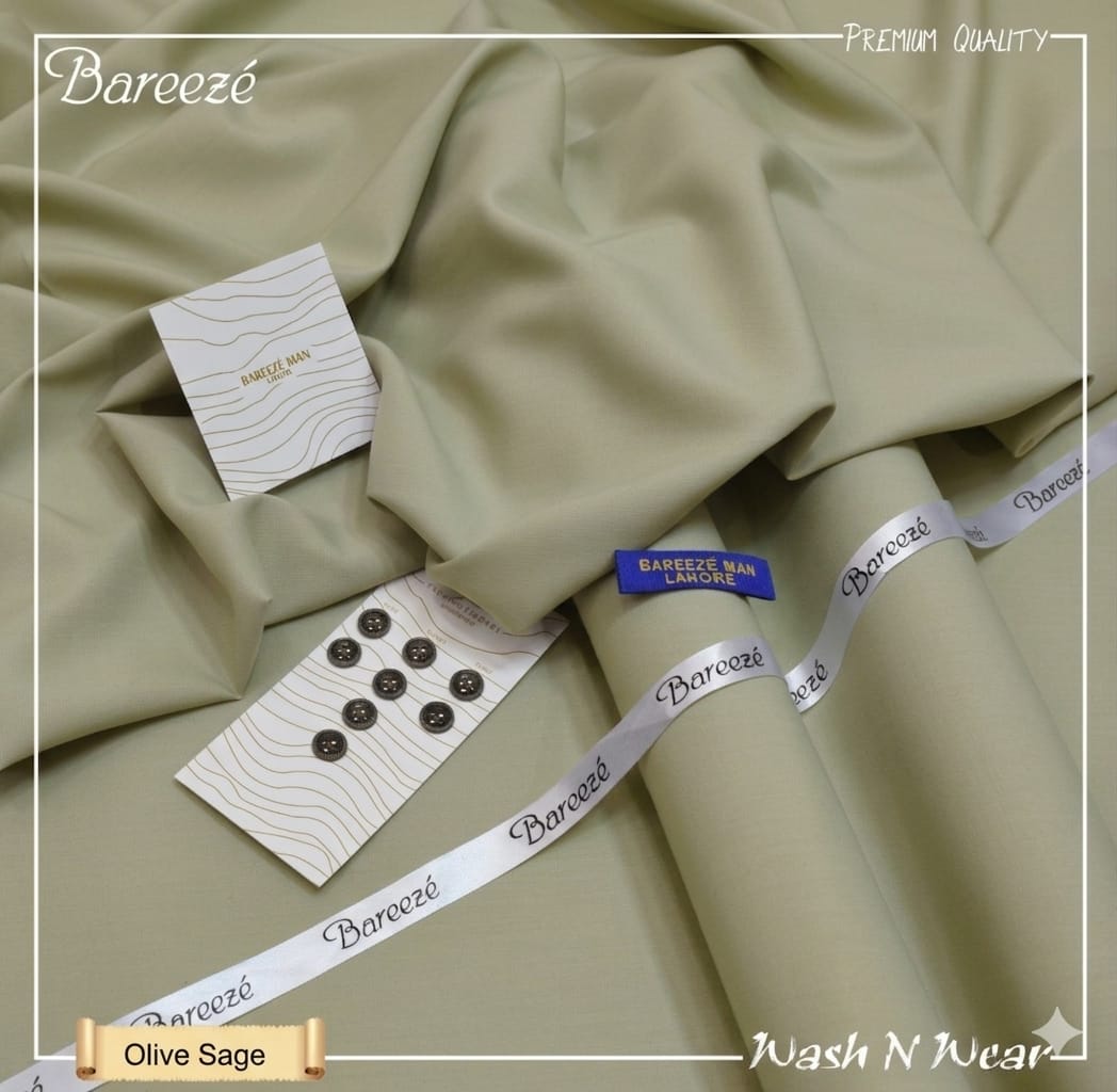 Bareeze Man Premium Wash & Wear Unstitched Suit for Men – Serene Olive Sage Green