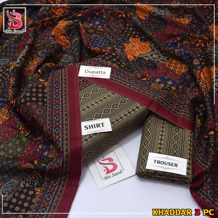 Bin Saeed Khaddar Printed 3-Piece Suit – Premium Winter Collection